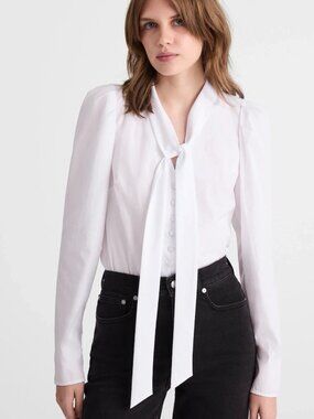 Madewell White V-Neck Long Sleeve Button Front Tie Neck Top L NWT